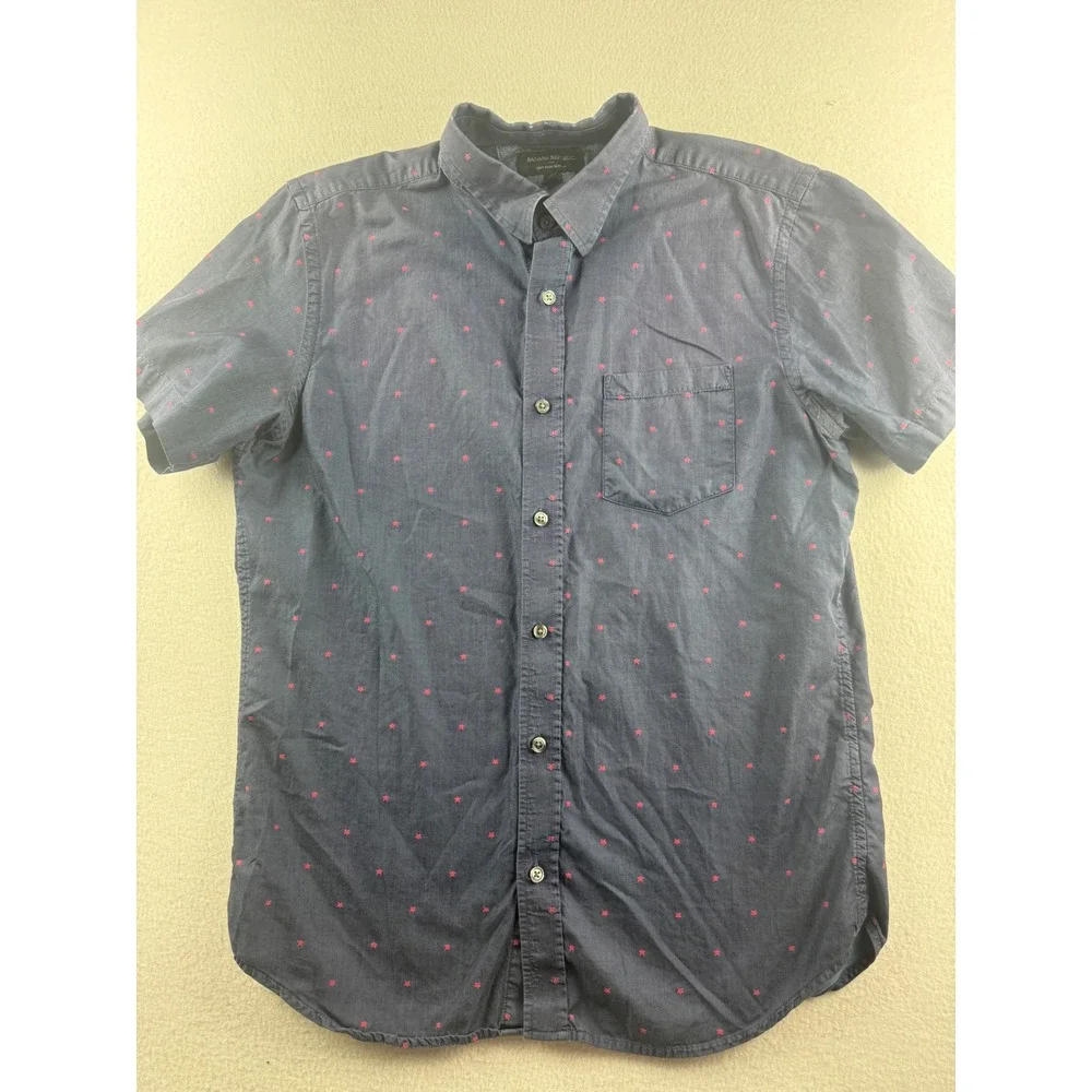 Banana Republic Mens Navy Blue Star Print Short Sleeve Button Down Shirt Slim M